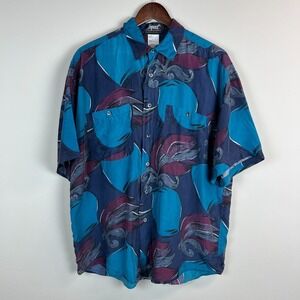 Impact‎ 100% Silk Shirt Mens Medium Blue Abstract Button Up Short Sleeve Vintage